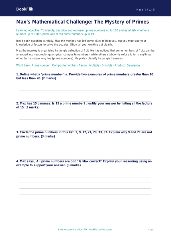Free Prime Numbers Assessment | Year 5 Greater Depth | BookFlik worksheet preview — Maths Prime Numbers