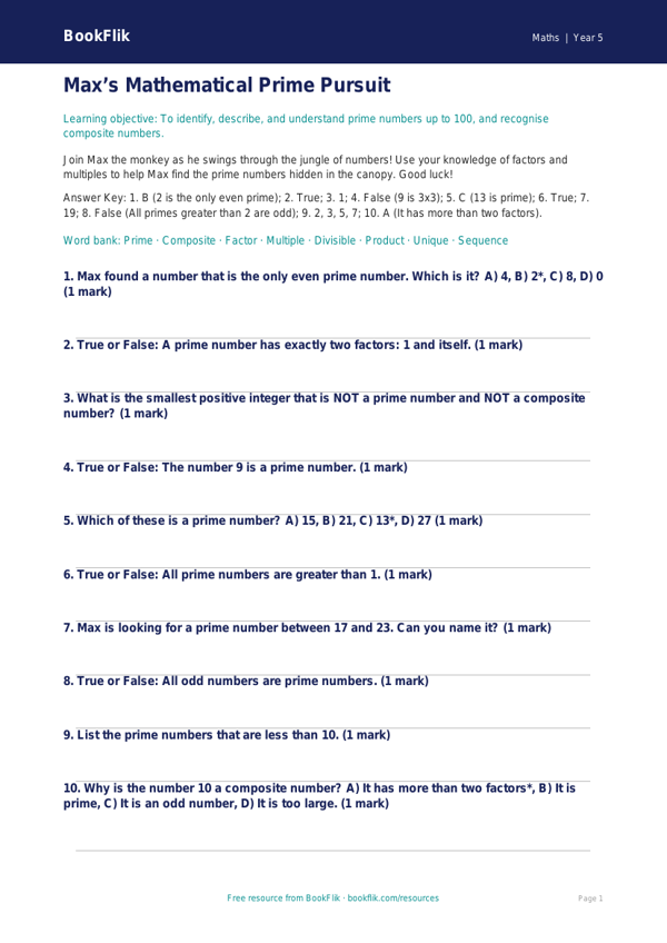 Free Prime Numbers Quiz | Year 5 Greater Depth | BookFlik worksheet preview — Maths Prime Numbers