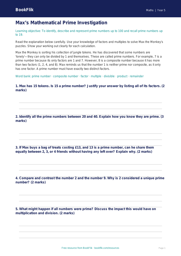 Free Prime Numbers Track Sheet | Year 5 Greater Depth | BookFlik worksheet preview — Maths Prime Numbers