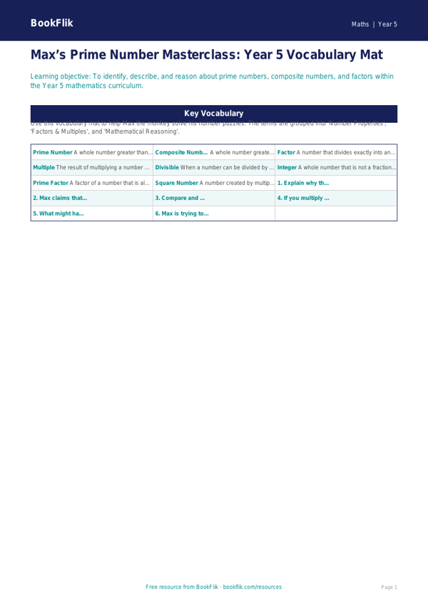 Free Prime Numbers Word Mat | Year 5 Greater Depth | BookFlik worksheet preview — Maths Prime Numbers