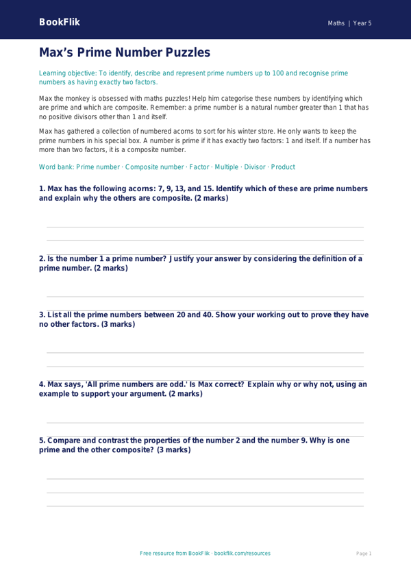 Free Prime Numbers Worksheet | Year 5 Greater Depth | BookFlik worksheet preview — Maths Prime Numbers