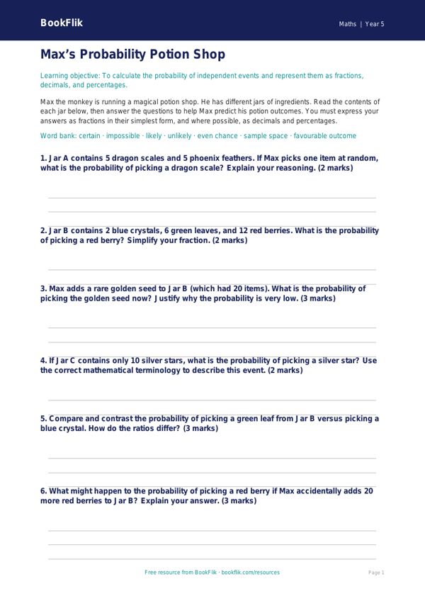 Free Probability Activity Sheet | Year 5 Greater Depth | BookFlik worksheet preview — Maths Probability