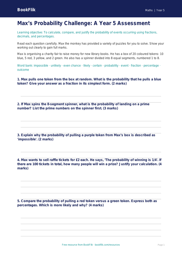 Free Probability Assessment | Year 5 Greater Depth | BookFlik worksheet preview — Maths Probability
