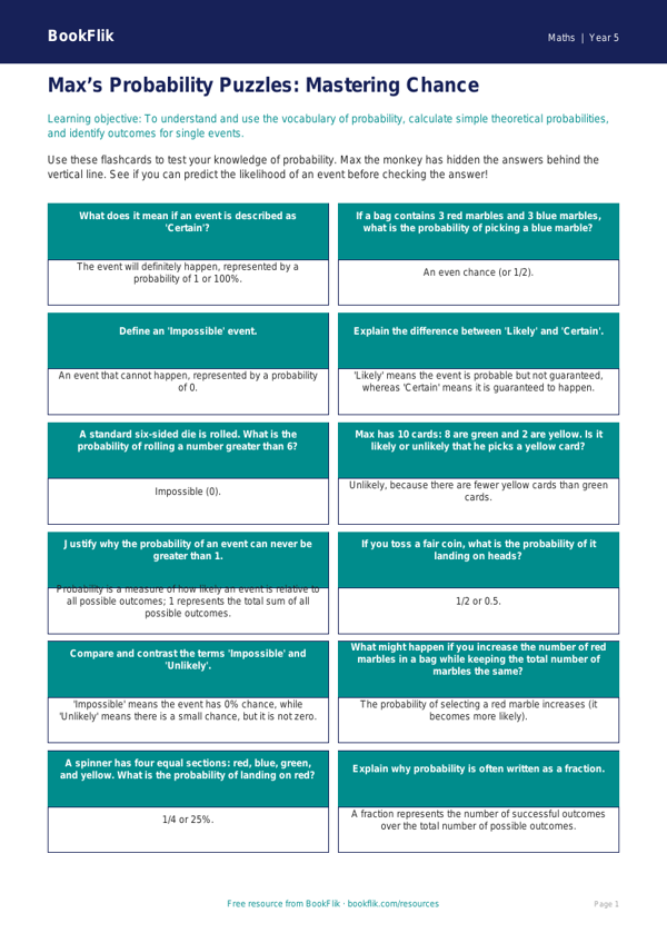 Free Probability Flashcards | Year 5 Greater Depth | BookFlik worksheet preview — Maths Probability