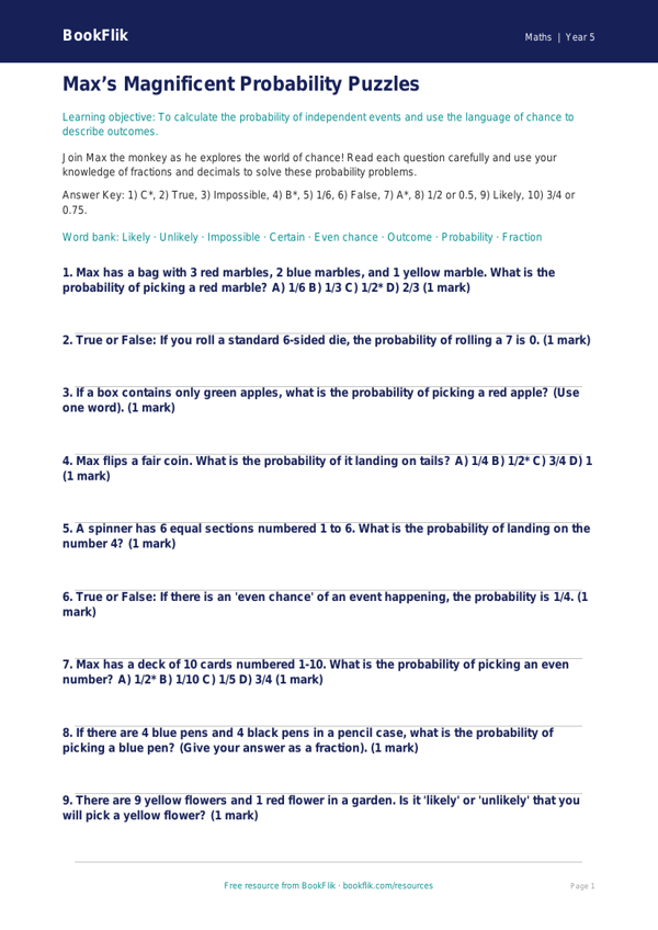 Free Probability Quiz | Year 5 Greater Depth | BookFlik worksheet preview — Maths Probability