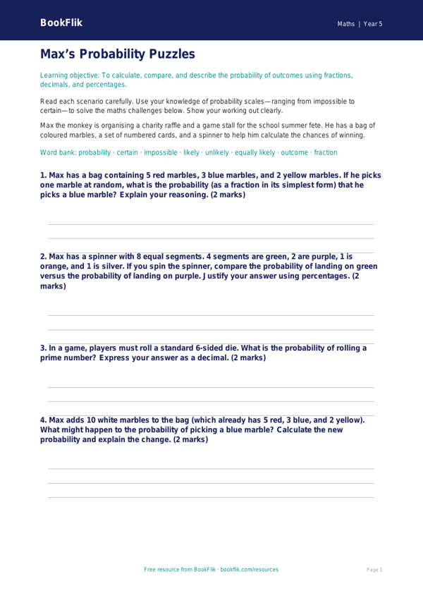 Free Probability Worksheet | Year 5 Greater Depth | BookFlik worksheet preview — Maths Probability