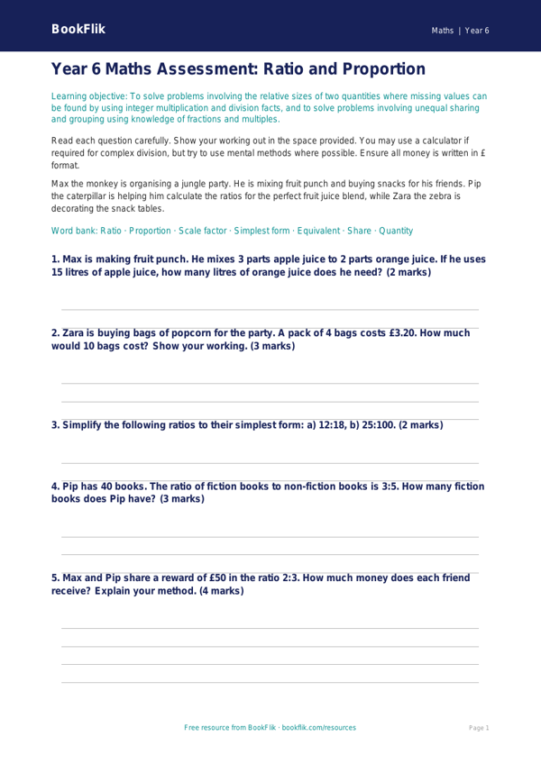 Free Ratio And Proportion Assessment | Year 6 Core | BookFlik worksheet preview — Maths Ratio And Proportion
