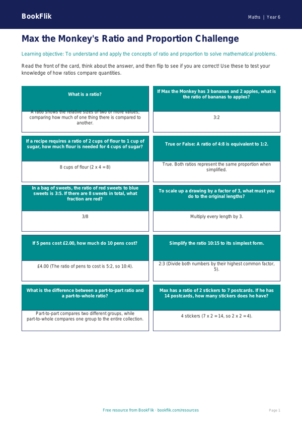 Free Ratio And Proportion Flashcards | Year 6 Core | BookFlik worksheet preview — Maths Ratio And Proportion