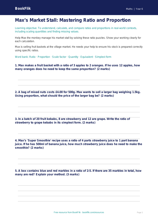 Free Ratio And Proportion Worksheet | Year 6 Core | BookFlik worksheet preview — Maths Ratio And Proportion