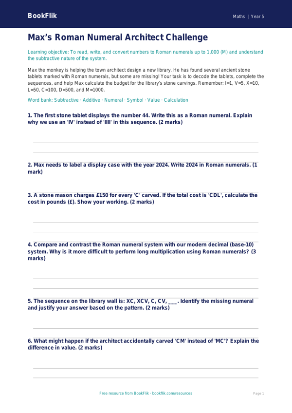 Free Roman Numerals Activity Sheet | Year 5 Greater Depth | BookFlik worksheet preview — Maths Roman Numerals