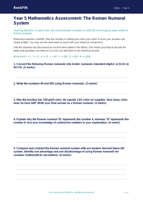 Free Roman Numerals Assessment | Year 5 Greater Depth | BookFlik worksheet preview — Maths Roman Numerals