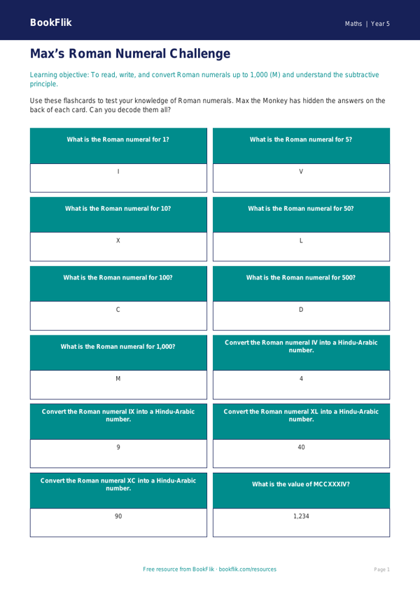 Free Roman Numerals Flashcards | Year 5 Greater Depth | BookFlik worksheet preview — Maths Roman Numerals