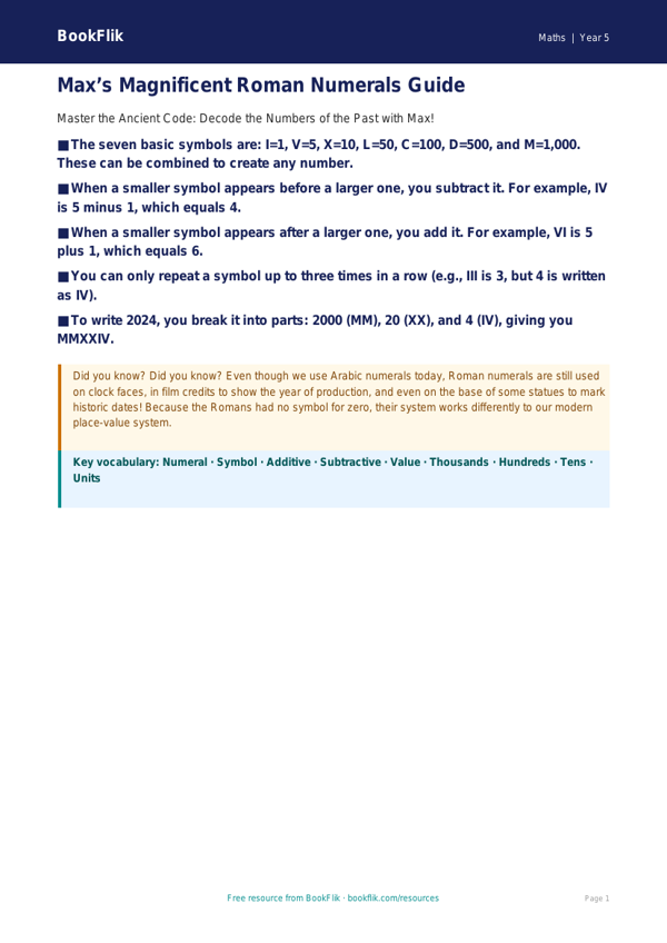 Free Roman Numerals Poster | Year 5 Greater Depth | BookFlik worksheet preview — Maths Roman Numerals
