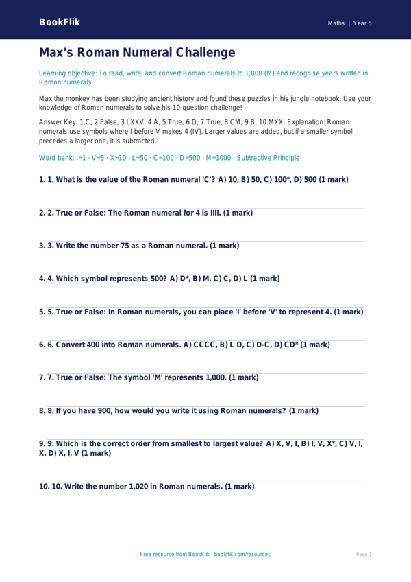 Free Roman Numerals Quiz | Year 5 Greater Depth | BookFlik worksheet preview — Maths Roman Numerals