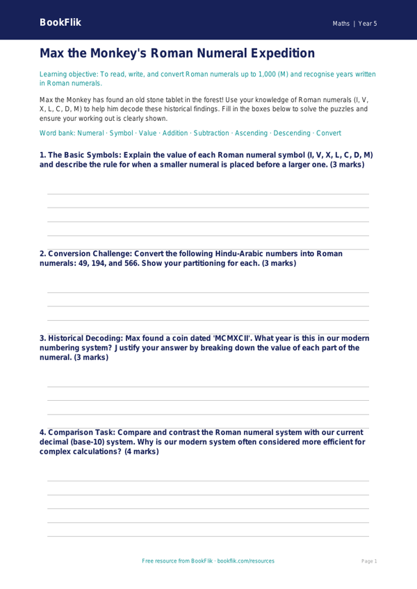 Free Roman Numerals Template | Year 5 Greater Depth | BookFlik worksheet preview — Maths Roman Numerals