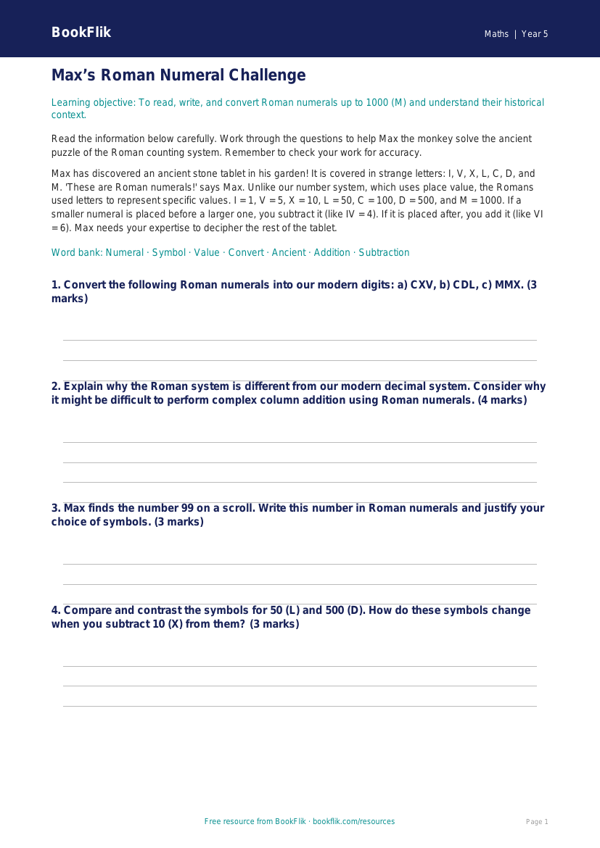 Free Roman Numerals Track Sheet | Year 5 Greater Depth | BookFlik worksheet preview — Maths Roman Numerals