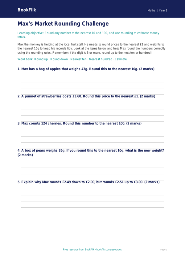 Free Rounding Activity Sheet | Year 3 Core | BookFlik worksheet preview — Maths Rounding