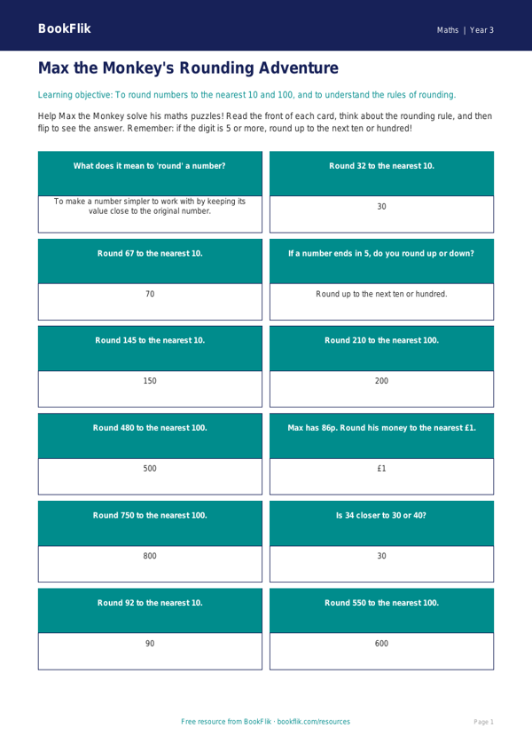 Free Rounding Flashcards | Year 3 Core | BookFlik worksheet preview — Maths Rounding