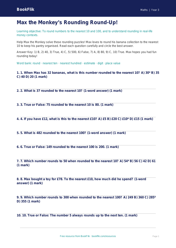 Free Rounding Quiz | Year 3 Core | BookFlik worksheet preview — Maths Rounding