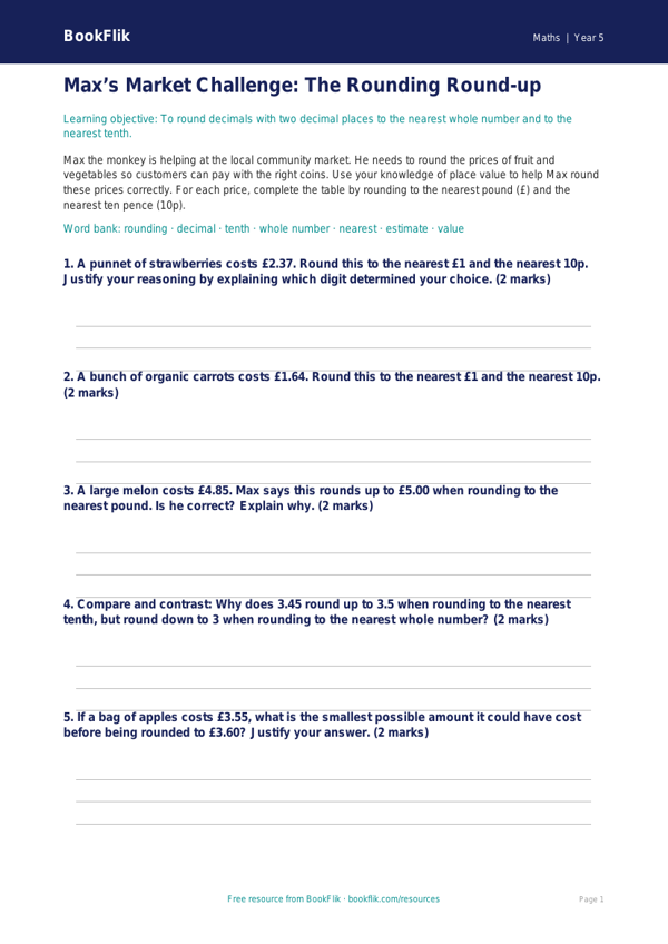 Free Rounding Activity Sheet | Year 5 Greater Depth | BookFlik worksheet preview — Maths Rounding