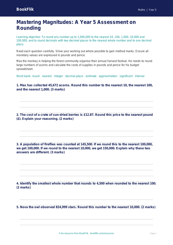 Free Rounding Assessment | Year 5 Greater Depth | BookFlik worksheet preview — Maths Rounding