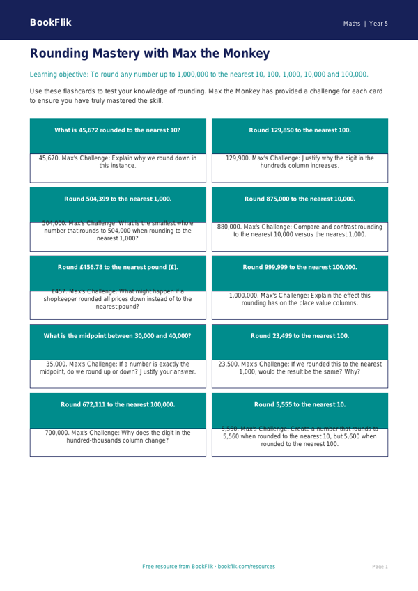 Free Rounding Flashcards | Year 5 Greater Depth | BookFlik worksheet preview — Maths Rounding