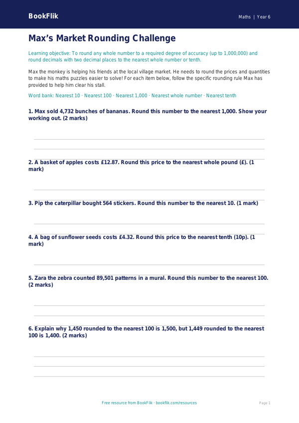 Free Rounding Activity Sheet | Year 6 Core | BookFlik worksheet preview — Maths Rounding