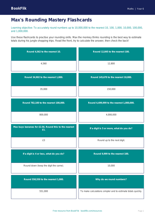 Free Rounding Flashcards | Year 6 Core | BookFlik worksheet preview — Maths Rounding