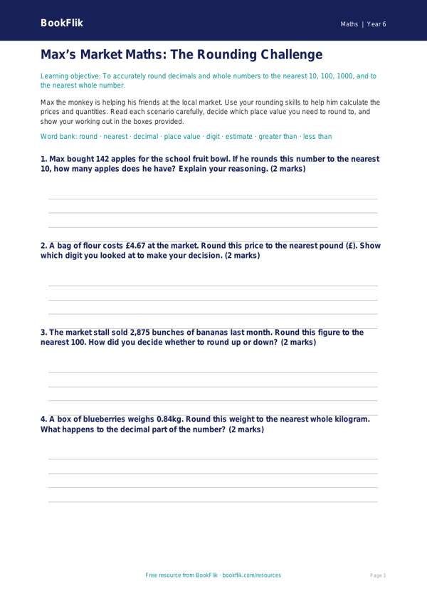 Free Rounding Worksheet | Year 6 Math Practice | BookFlik worksheet preview — Maths Rounding