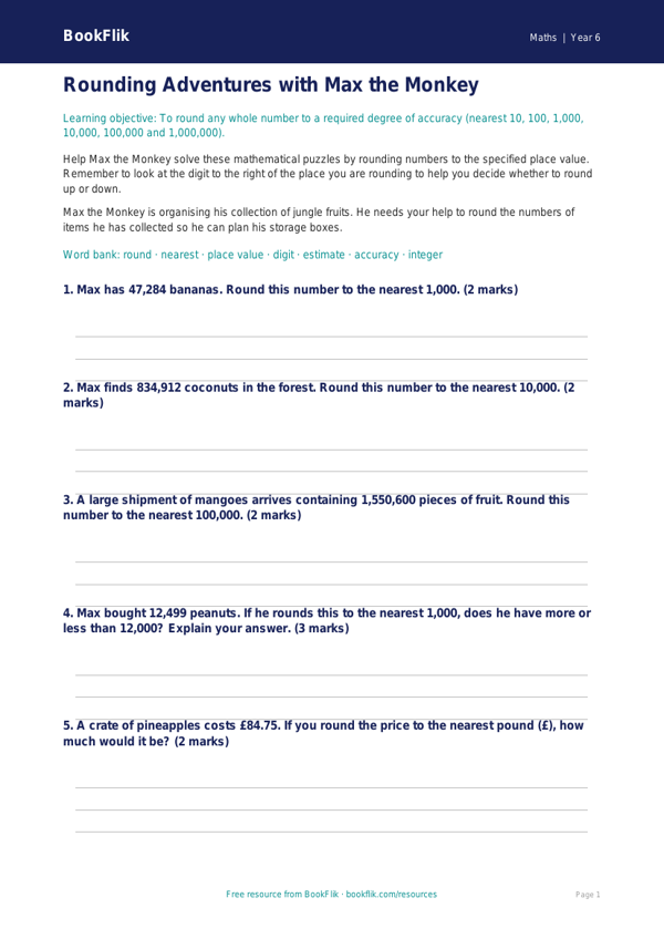 Free Rounding Worksheet | Year 6 Core | BookFlik worksheet preview — Maths Rounding