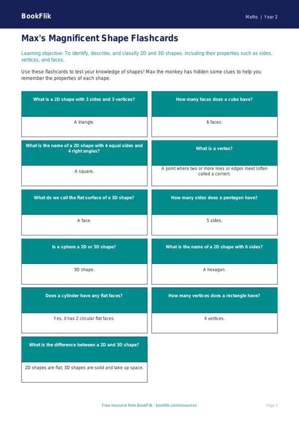 Free Shape Flashcards | Year 2 Core | BookFlik worksheet preview — Maths Shape