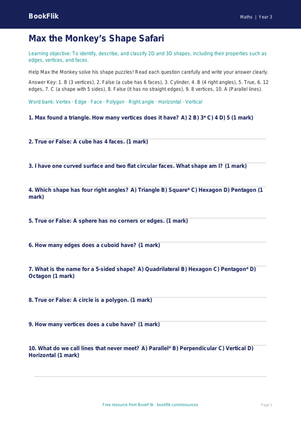 Free Shape Quiz | Year 3 Core | BookFlik worksheet preview — Maths Shape
