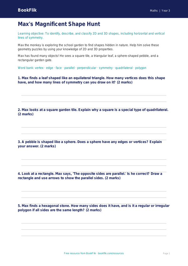 Free Shape Worksheet | Year 3 Core | BookFlik worksheet preview — Maths Shape