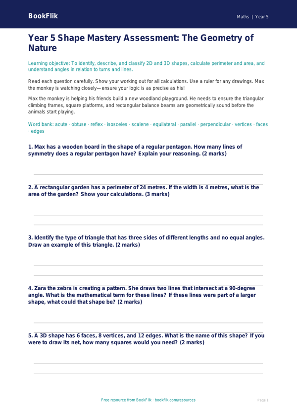 Free Shape Assessment | Year 5 Greater Depth | BookFlik worksheet preview — Maths Shape