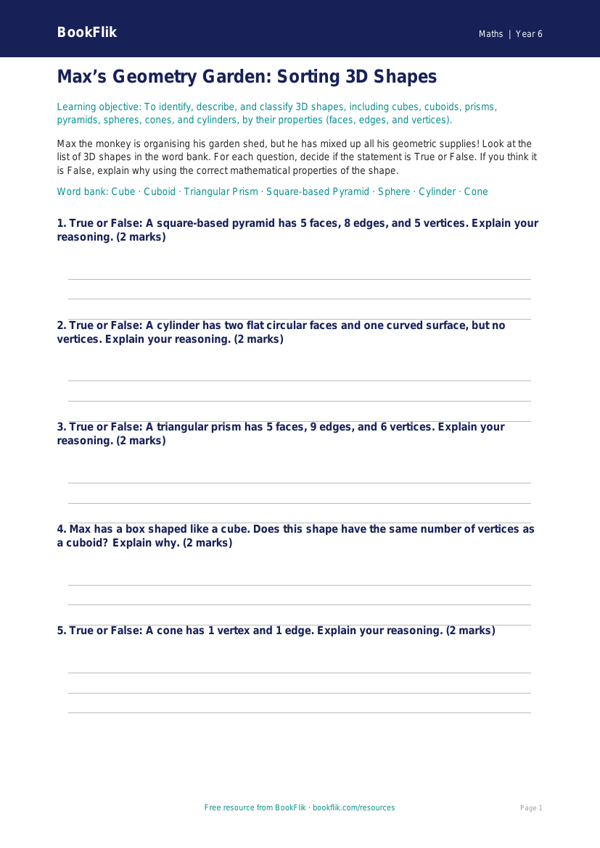 Free Shape Activity Sheet | Year 6 Core | BookFlik worksheet preview — Maths Shape