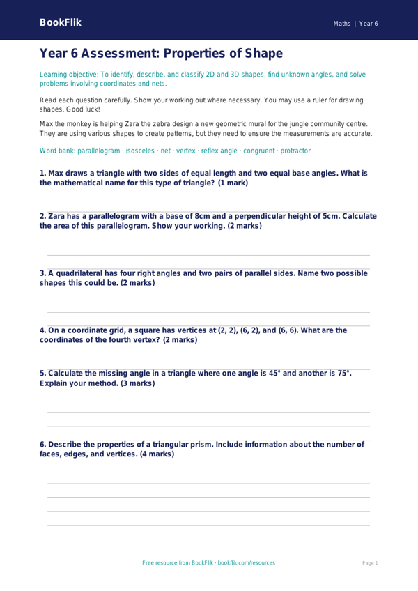 Free Shape Assessment | Year 6 Core | BookFlik worksheet preview — Maths Shape