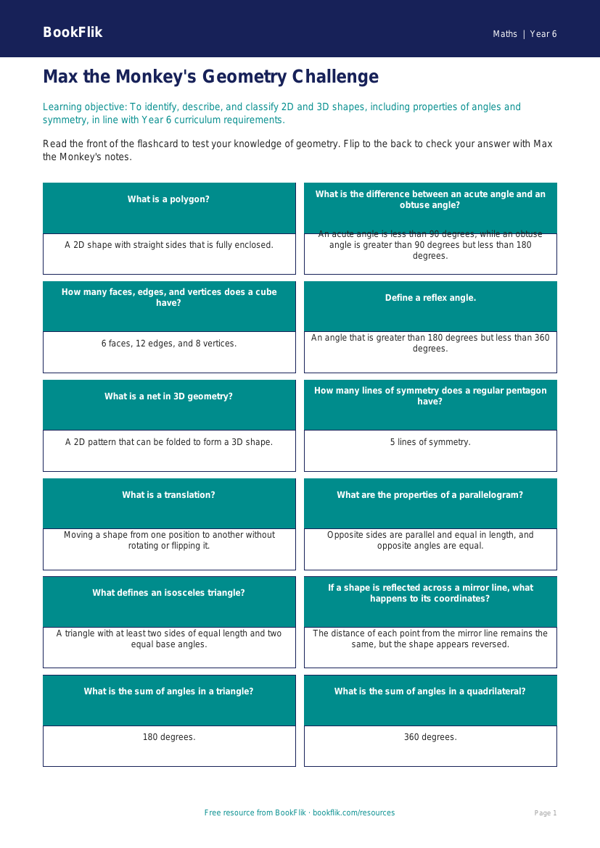 Free Shape Flashcards | Year 6 Core | BookFlik worksheet preview — Maths Shape