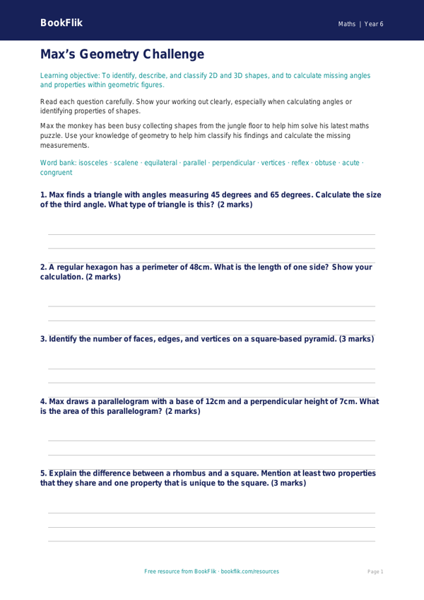 Free Shape Worksheet | Year 6 Core | BookFlik worksheet preview — Maths Shape