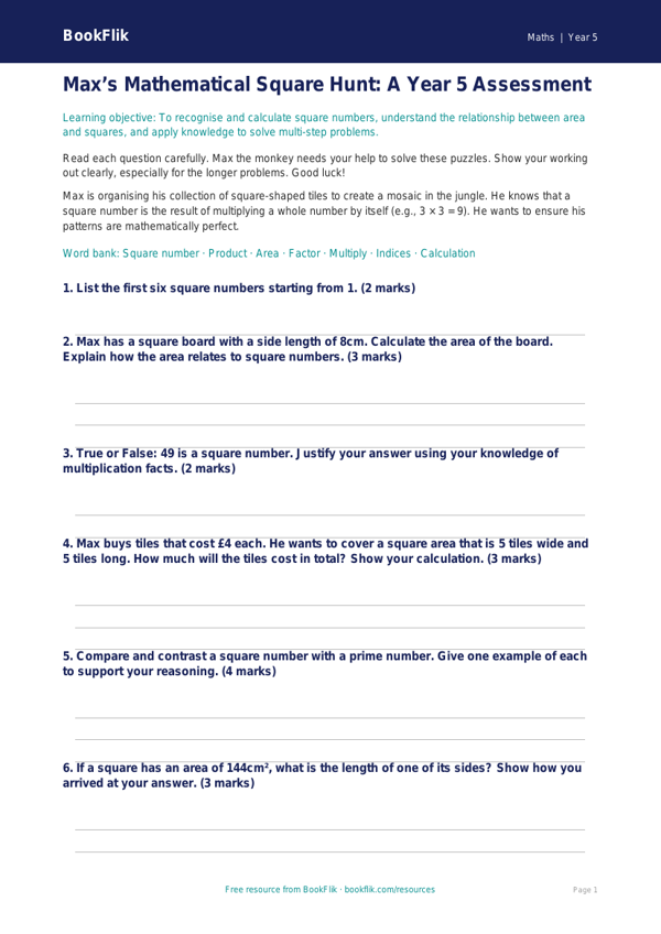 Free Square Numbers Assessment | Year 5 Greater Depth | BookFlik worksheet preview — Maths Square Numbers