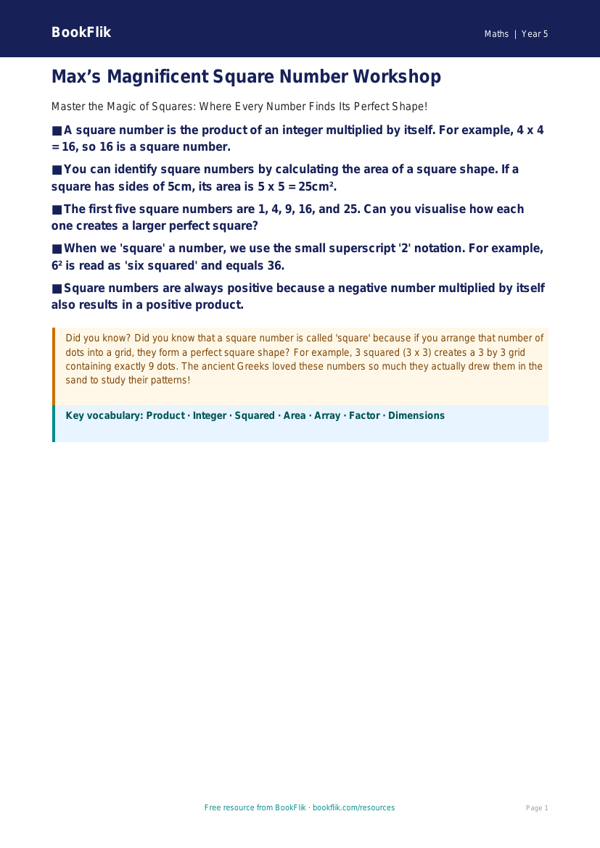 Free Square Numbers Poster | Year 5 Greater Depth | BookFlik worksheet preview — Maths Square Numbers