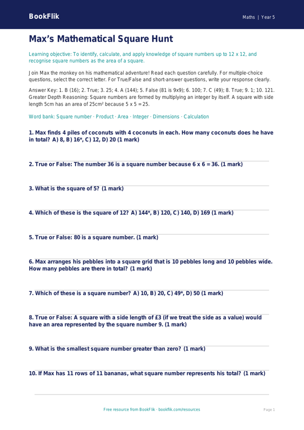 Free Square Numbers Quiz | Year 5 Greater Depth | BookFlik worksheet preview — Maths Square Numbers