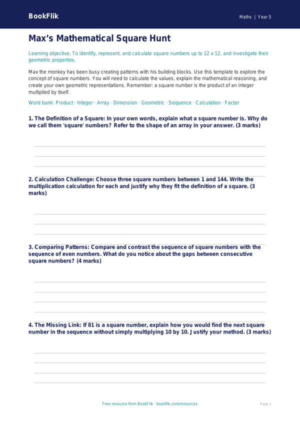 Free Square Numbers Template | Year 5 Greater Depth | BookFlik worksheet preview — Maths Square Numbers