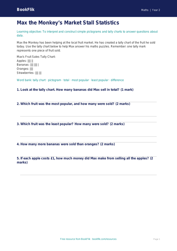 Free Statistics Activity Sheet | Year 2 Core | BookFlik worksheet preview — Maths Statistics