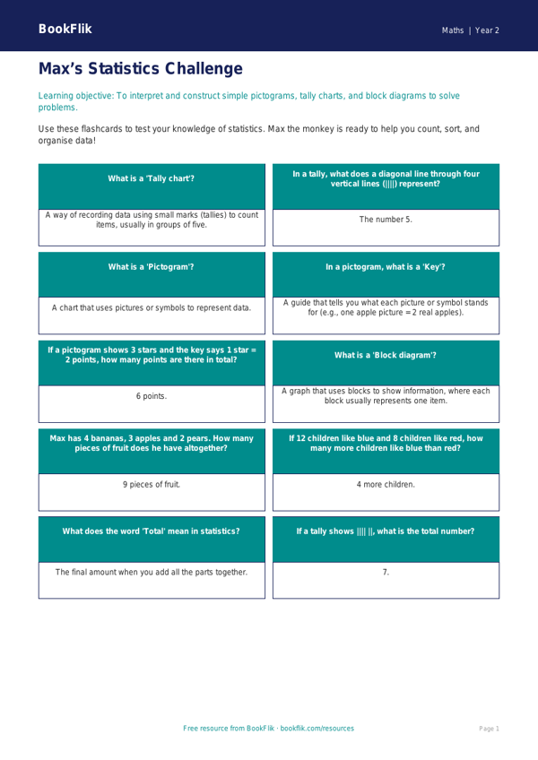 Free Statistics Flashcards | Year 2 Core | BookFlik worksheet preview — Maths Statistics