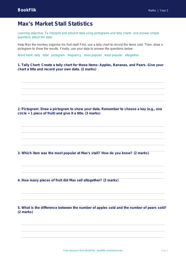 Free Statistics Template | Year 2 Core | BookFlik worksheet preview — Maths Statistics