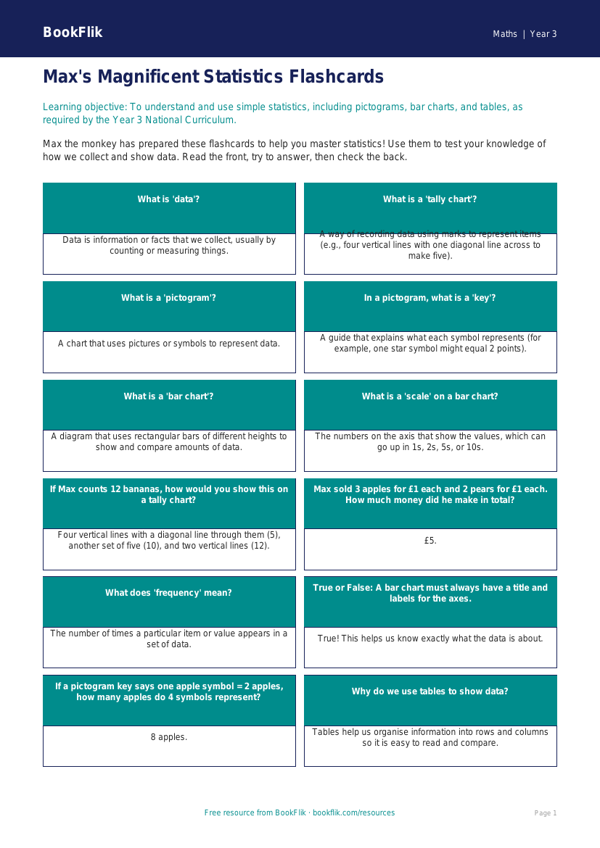 Free Statistics Flashcards | Year 3 Core | BookFlik worksheet preview — Maths Statistics