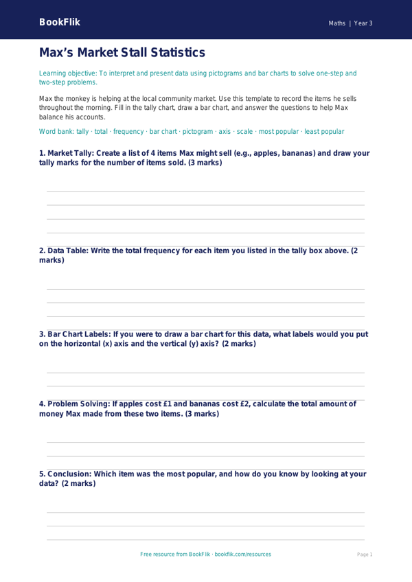Free Statistics Template | Year 3 Core | BookFlik worksheet preview — Maths Statistics