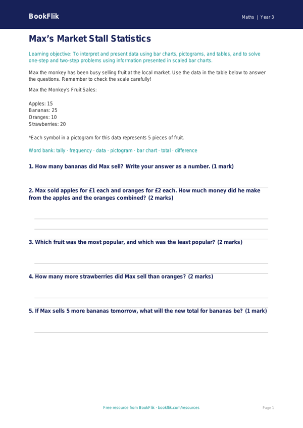 Free Statistics Worksheet | Year 3 Core | BookFlik worksheet preview — Maths Statistics