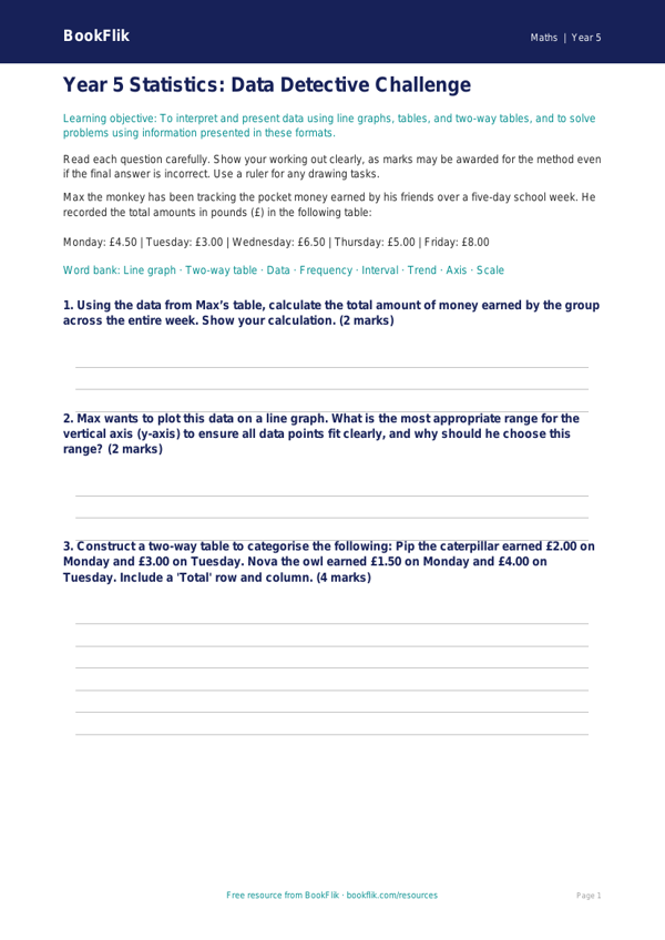 Free Statistics Assessment | Year 5 Greater Depth | BookFlik worksheet preview — Maths Statistics