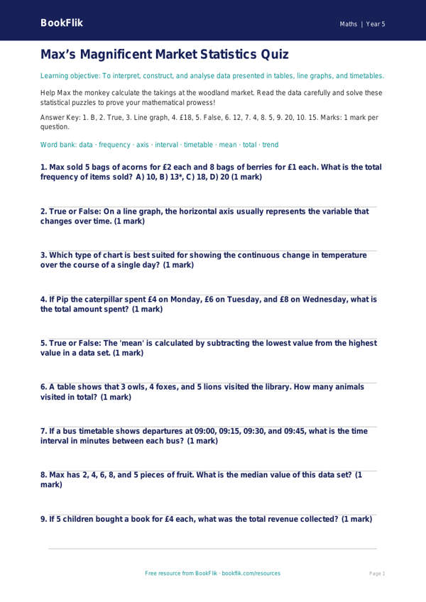 Free Statistics Quiz | Year 5 Greater Depth | BookFlik worksheet preview — Maths Statistics